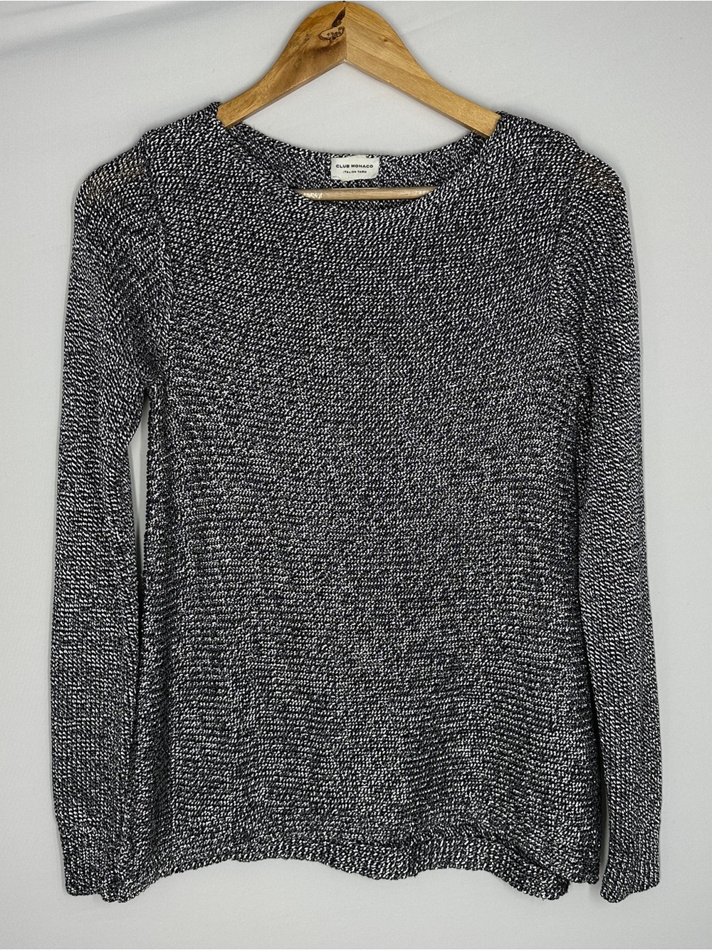 Club Monaco Italian yarn long-sleeve sweater black white marled knit medium